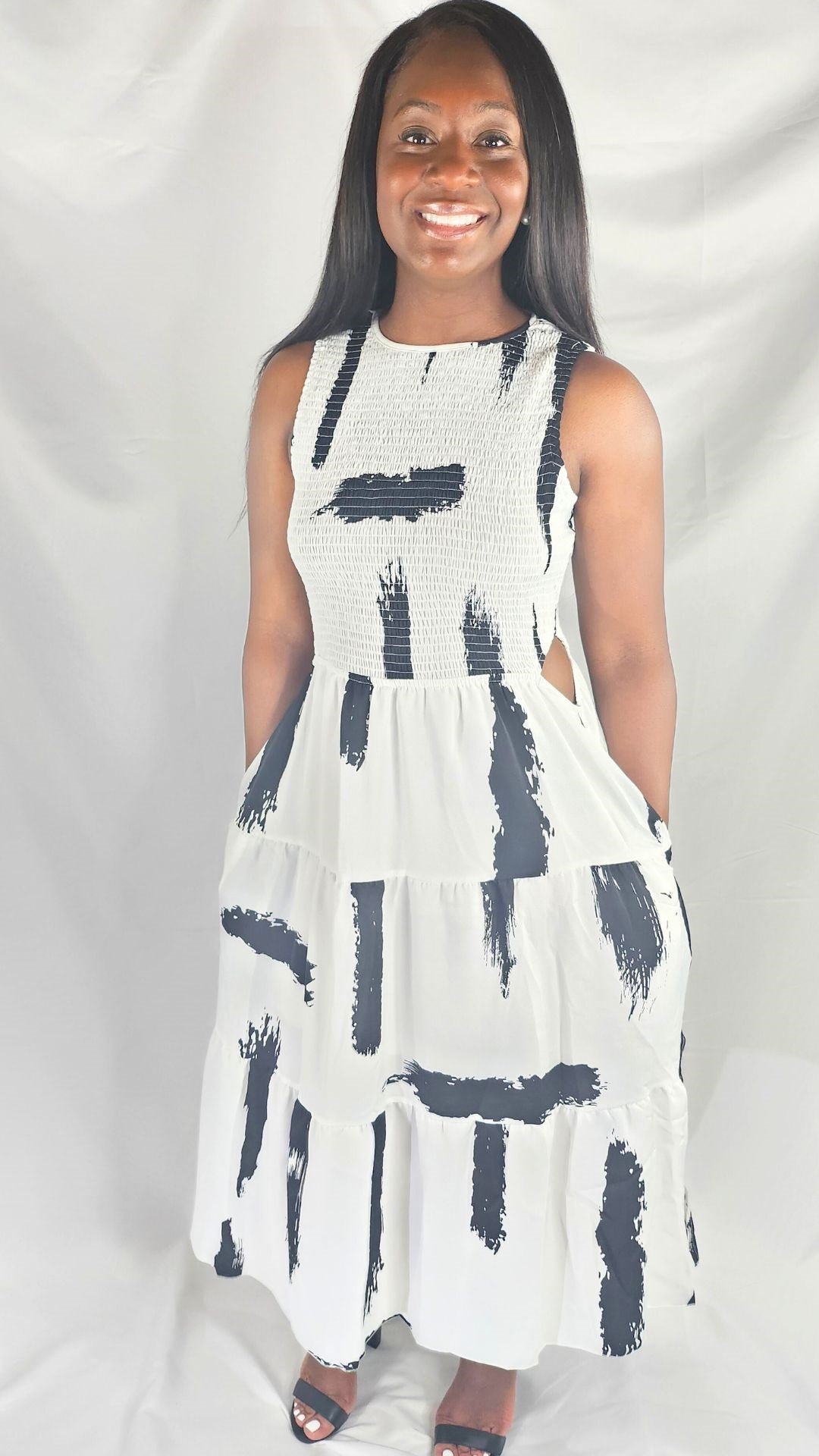 White and Black Ruched Dress Cut Out