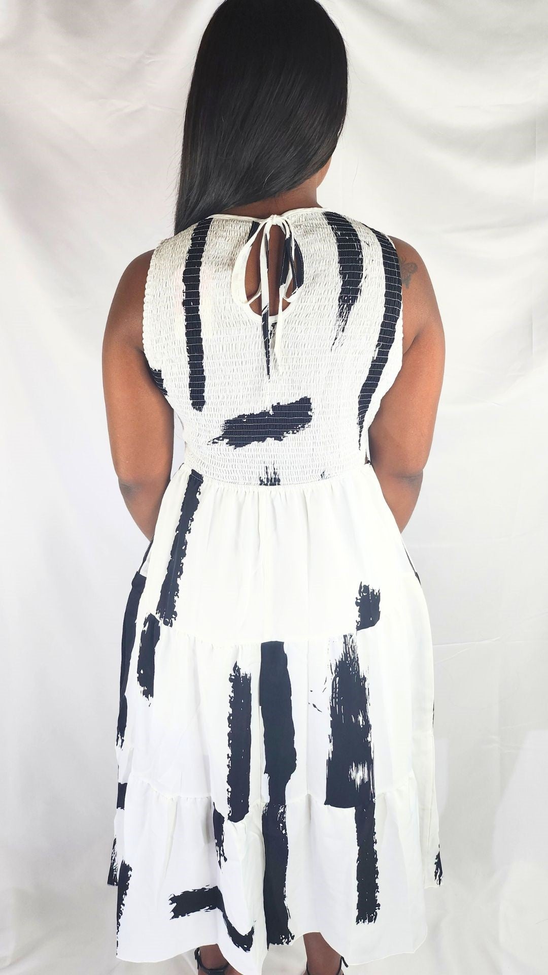 White and Black Ruched Dress Cut Out