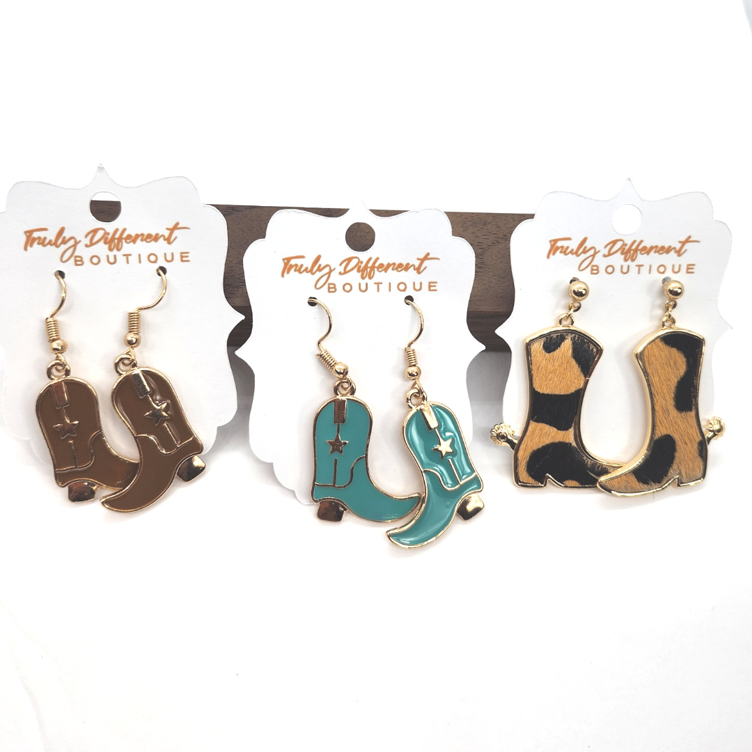 Leopard, Teal, Brown Cowboy Boot Earrings