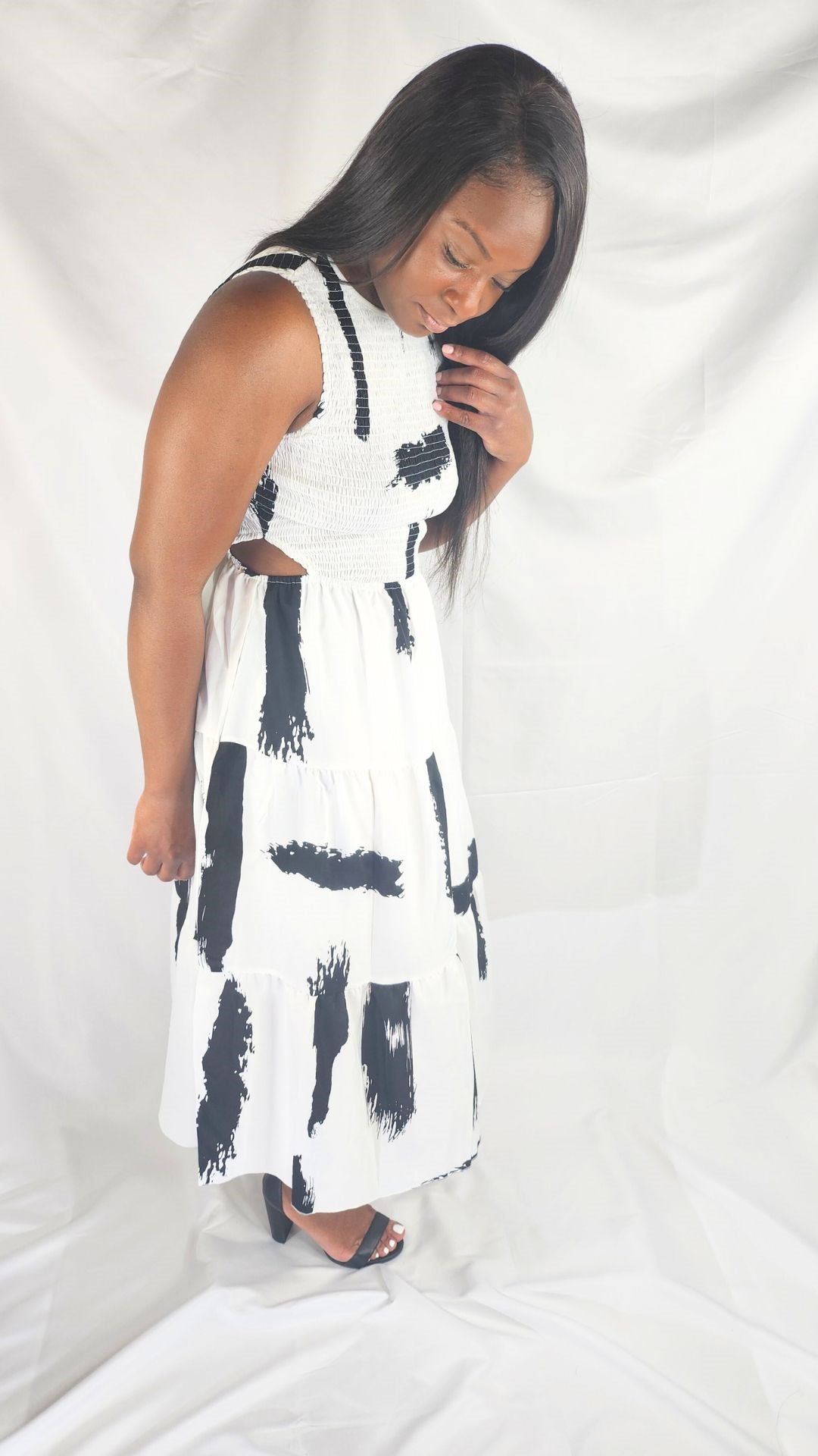 White and Black Ruched Dress Cut Out