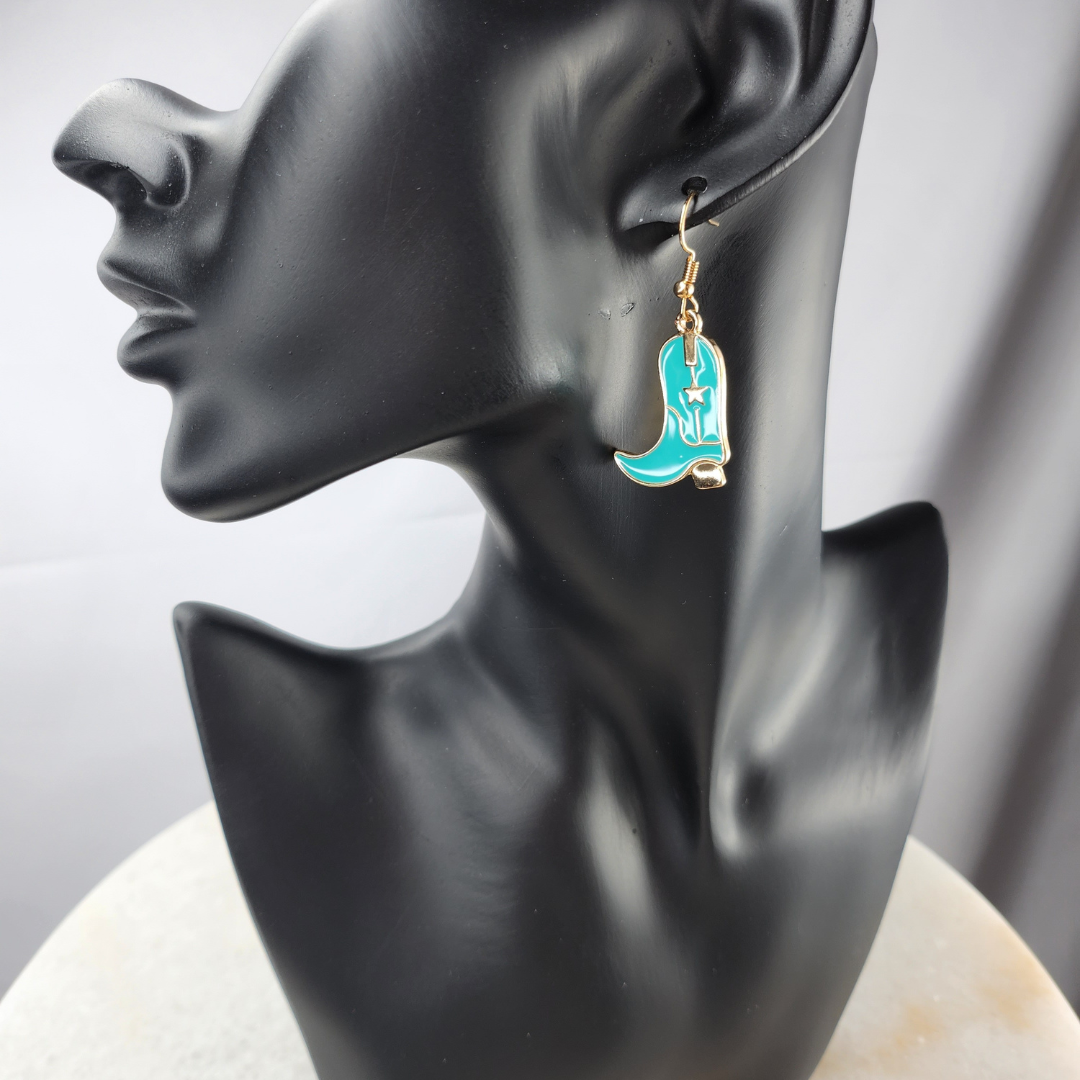 Leopard, Teal, Brown Cowboy Boot Earrings