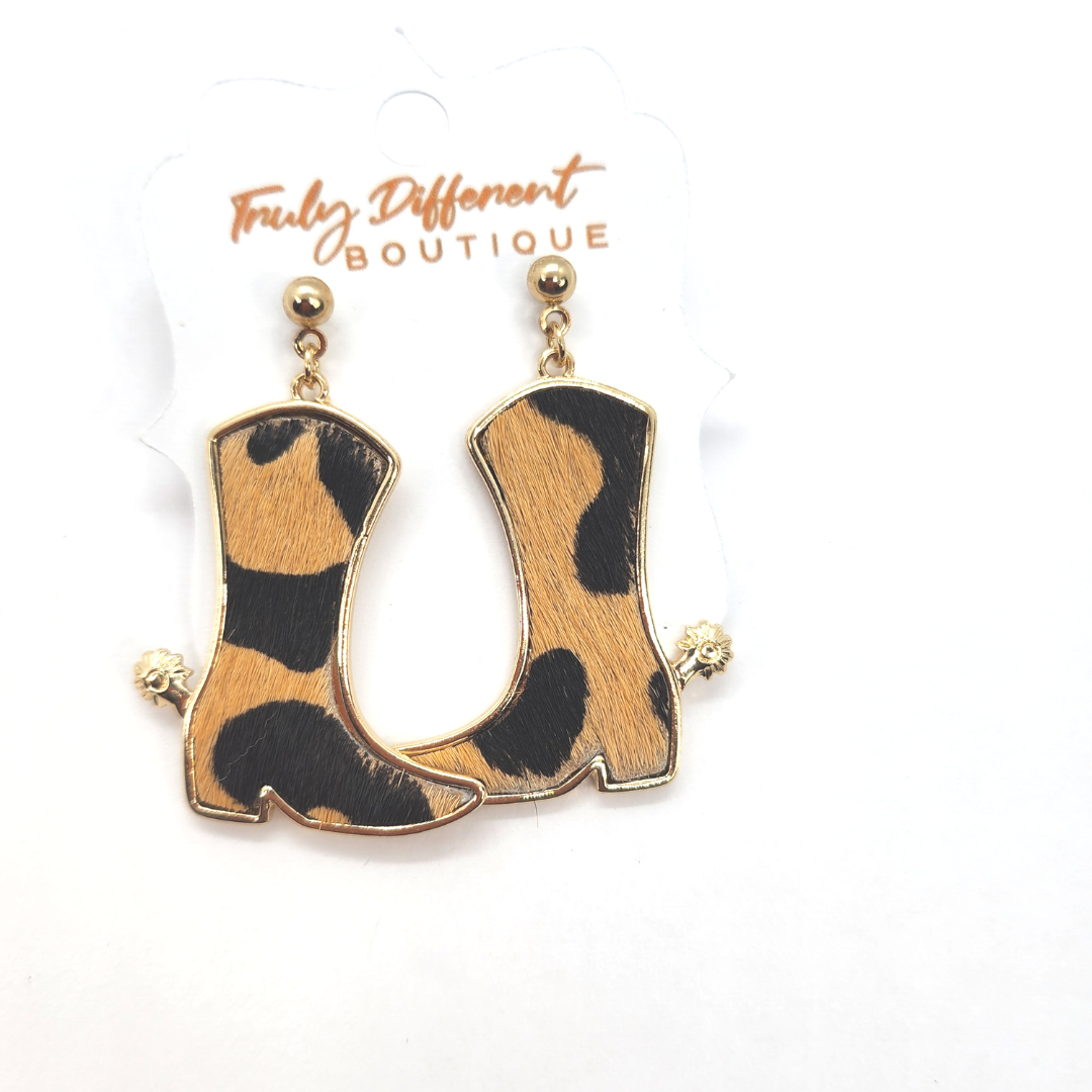 Leopard, Teal, Brown Cowboy Boot Earrings